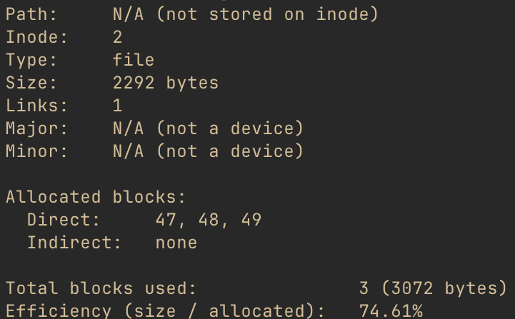 Screenshot of xv6fs stat command for inode 2 showing a file type inode, size 2292 bytes, 1 link, and data blocks 47, 48, 49