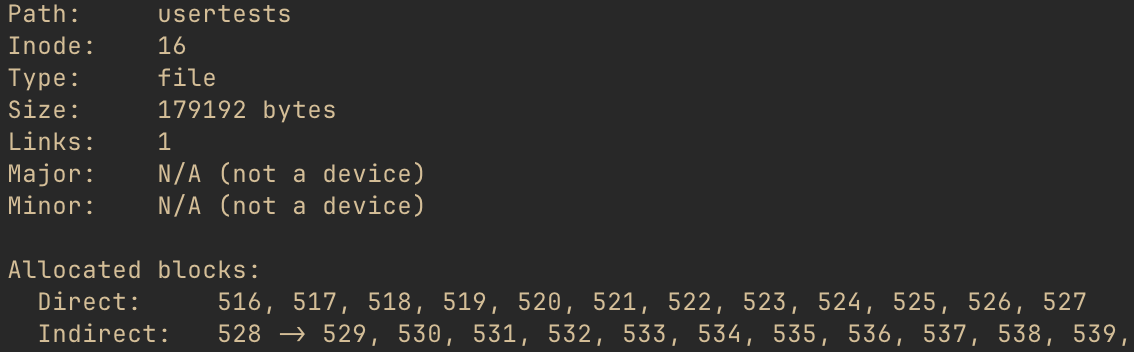 Screenshot of xv6fs stat command for usertests file showing size 179192 bytes, 12 direct block addresses, and an indirect pointer at block 528 pointing to additional blocks beginning at 529. The screenshot cuts off after 539, but a comma suggests additional blocks.